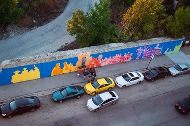 Aerial view of Morgan Streen Mural progress