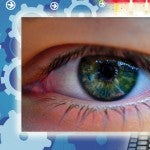 Illustration with a photo of an eye, hands at a keyboard, and a graphic of gears