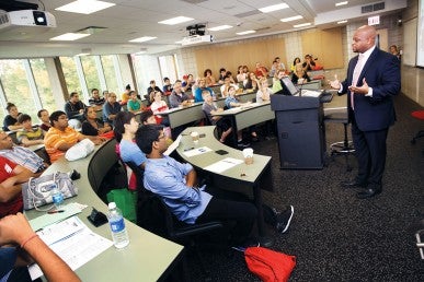 visitors listening to a presentation