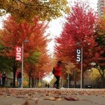 Fall foliage and students walking on campus