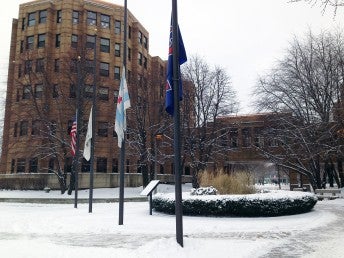 snow-covered sidewalks on campus