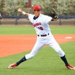 Mickey McDonald pitches in practice