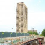 University Hall from across the torn-up Morgan Street Bridge