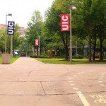 bike lane lines painted on campus sidewalks