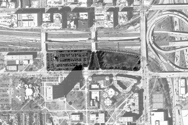 Aerial view with proposed Obama Presidential Library location highlighted