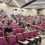 students listen to a lecture in Lecture Center A