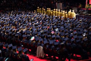 Aerial view of crowd of graduates