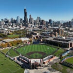 A drone photo of the UIC Flames Outdoor Complex baseball field.