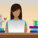 A woman works on a laptop between two piles of books, one with a robot on top and one with a coffee cup on top.
