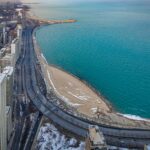 An aerial photo of Lake Shore Drive running north Lake Michigan, taken from downtown Chicago.