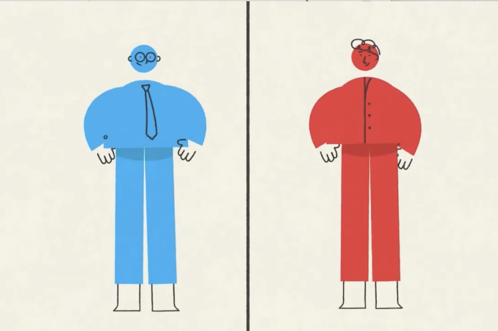 A blue cartoon man and a red cartoon man are separated by a thick black line.