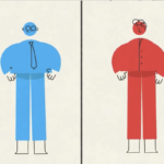 A blue cartoon man and a red cartoon man are separated by a thick black line.