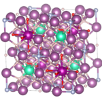 A cube-shaped structure made up of purple and green circles connected by thin lines.